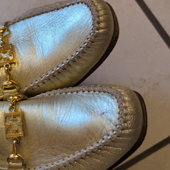 Escada Loafers Metallic Gold Leather Flat Made In Italy Size 10 - Picture 7 of 13